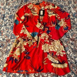 Red, floral fit-and-flare party dress